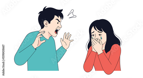 Man shouting aggressively at a woman who is crying and covering her mouth in distress during a domestic conflict