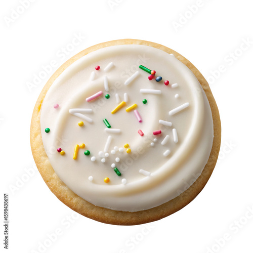 White frosted sugar cookie with colorful sprinkles against a dark background for baked goods theme
