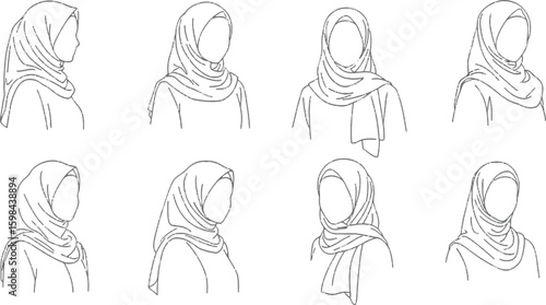 Vector art of various hijab styles are displayed isolated on white background, showcasing islamic headwear fashion