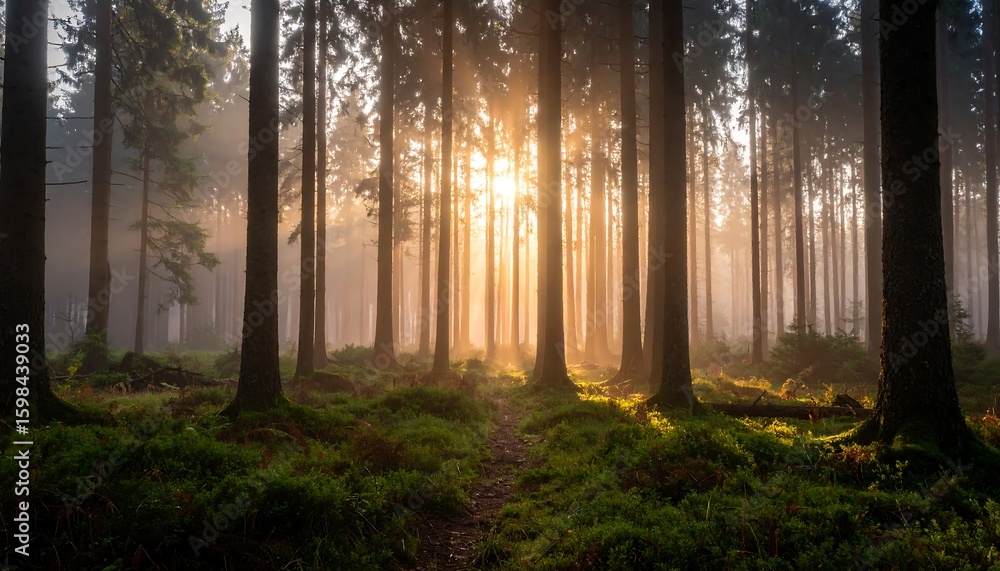Naklejka premium Misty forest path bathed in golden sunlight