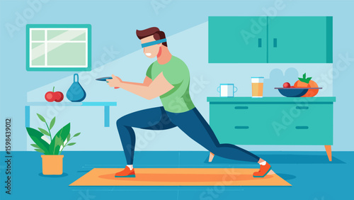 A man in a small apartment kitchen lunges and squats as he chops vegetables multitasking with a VR fitness game in front of his virtual personal. Vector illustration