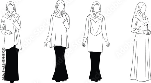 Vector art of a collection of abaya and skirt designs isolated on white background showcases modest fashion