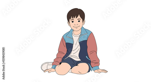 A young boy with a kind smile sits cross-legged wearing a stylish jacket and shorts, a simple yet heartwarming illustration conveying innocence and childhood