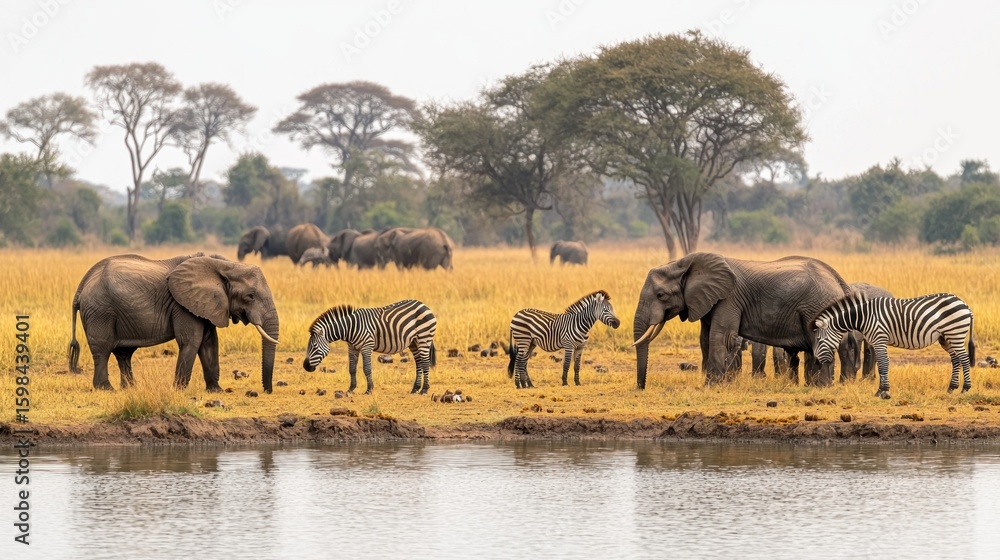 Obraz premium African elephants and zebras by a waterhole.