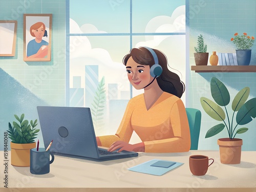 A woman wearing headphones is working diligently on her laptop at a desk in a bright modern home office with plants