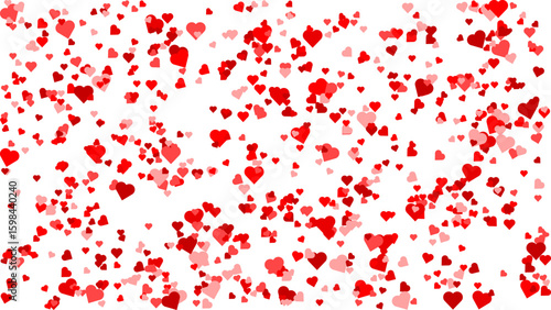 Random scattered red and pink hearts on a white background. Abstract vector background for Valentine's Day.