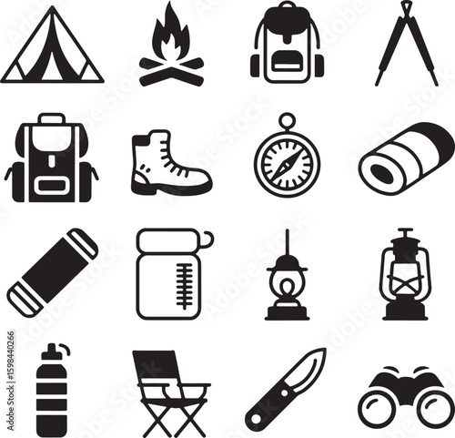 Camping gear icons tent campfire backpack compass boot sleeping bag water bottle lantern knife binoculars
