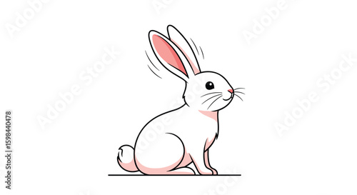 A charming fluffy white rabbit sitting upright with its ears perked attentively listening to sounds in its environment