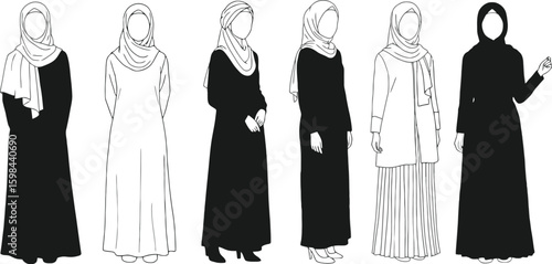 Vector art of a collection of women in various traditional muslim dresses and hijabs stand gracefully, isolated on white background
