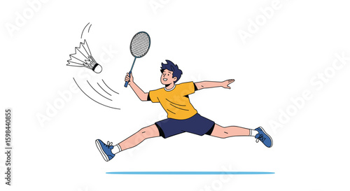 Young athlete in mid jump powerfully smashes a shuttlecock during a competitive badminton match with intense focus