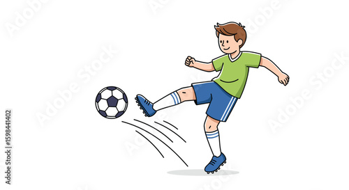 Young boy energetically kicking a soccer ball during a daytime outdoor sporting event showcasing athletic skill and youthful passion on the field