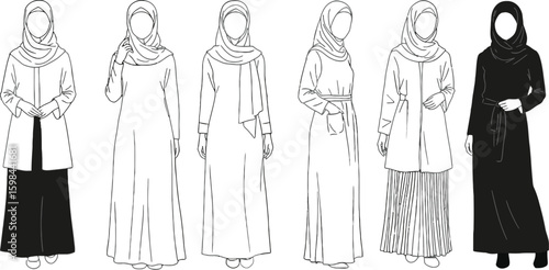 Vector art of a collection of diverse abaya designs showcases modern islamic fashion and traditional modest wear