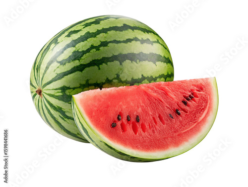 Fresh watermelon with slice showing juicy red flesh on white background stock photo image