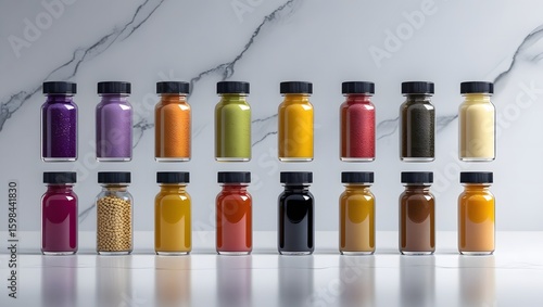 Flat Lay of Ten Glass Bottles with Colorful Health Shots and Superfood Ingredients on White Background