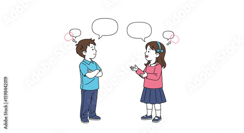 Children experiencing disagreement and expressing their frustration through dialogue and body language during a conversation