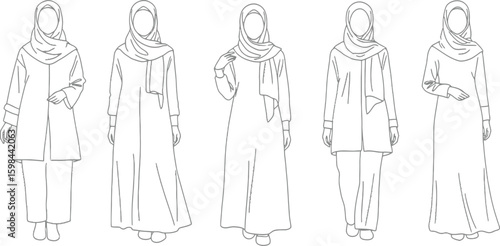 Vector art of various abaya styles are presented, showcasing the diversity of muslim womens modest attire