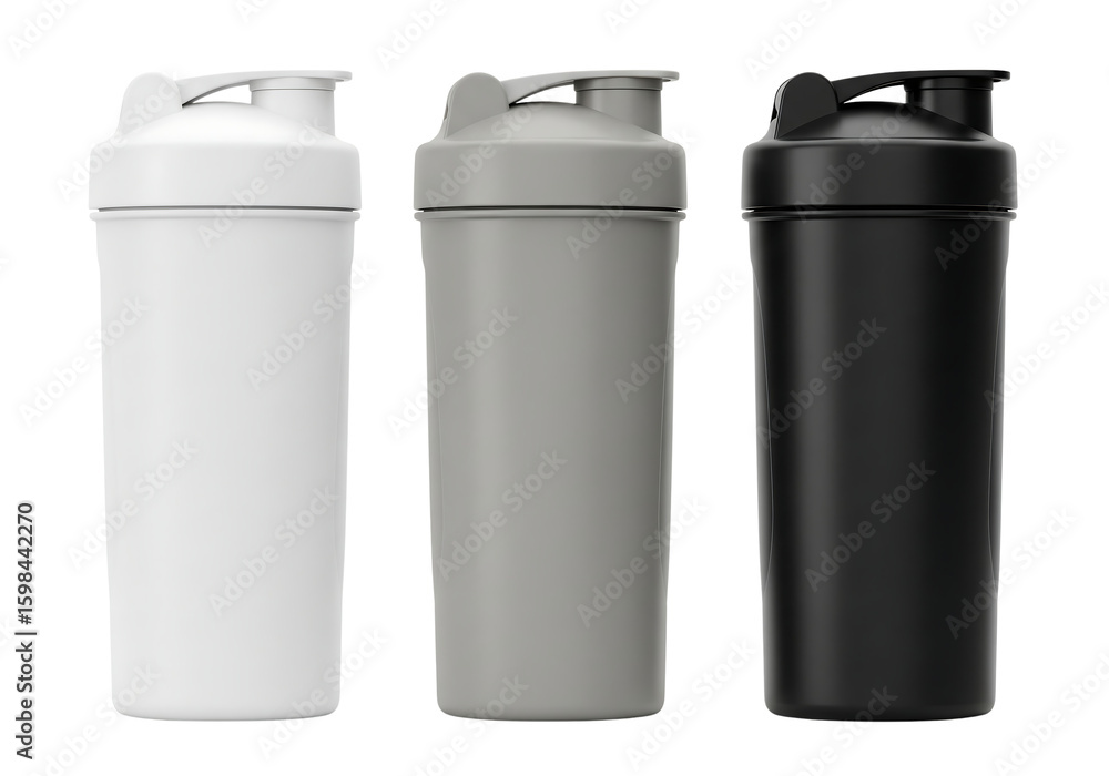 Obraz premium Set of three protein shaker bottles in white, grey, and black colors. Isolated on transparent background, png