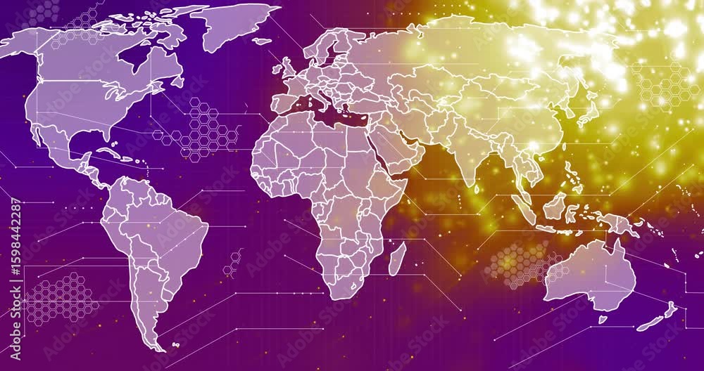 Starting purple tracing map sparking golden particles pulsing hex grids ...
