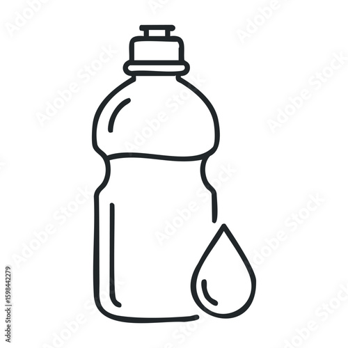 Outline of detergent bottle with liquid drop symbol for cleaning concepts. Vector illustration