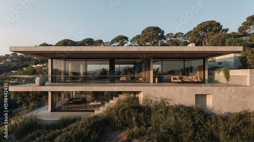 Modern architectural luxury villa with expansive views of the lush landscape and coastal mountains at golden hour