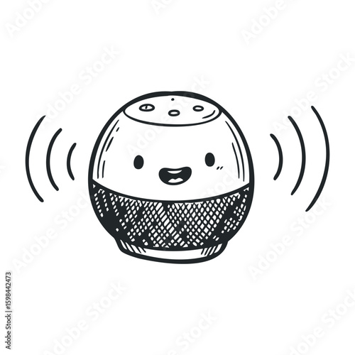 Cute smiling smart speaker sketch with sound waves and happy expression. Vector illustration