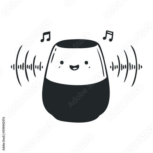 Cute smart speaker with musical notes and sound waves icon. Vector illustration