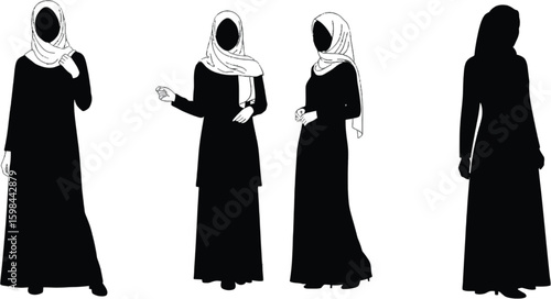 Vector art of silhouettes of women wearing traditional muslim clothing isolated on white background