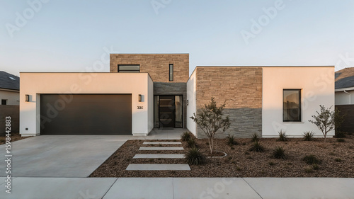 Modern architecture of a residential home featuring contemporary design elements including stone veneer and minimalist landscaping under clear sky