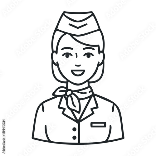 Smiling female flight attendant line drawing wearing uniform and scarf. Vector illustration