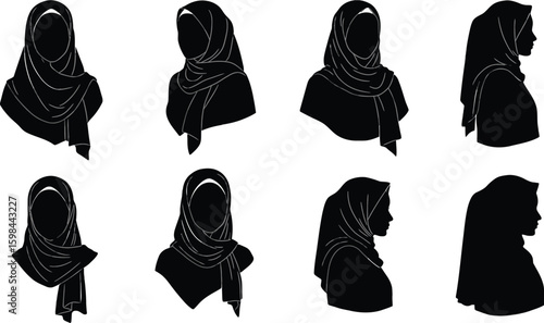 Vector art of silhouettes of women wearing a variety of hijabs isolated on white background