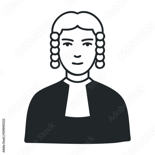 Monochrome illustration of caucasian male judge in traditional court attire. Vector illustration