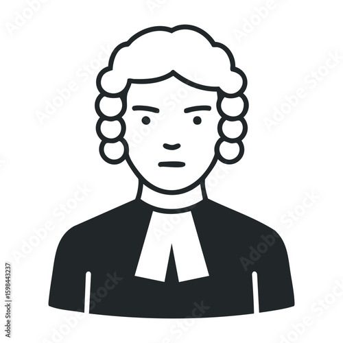 Monochrome illustration of historical figure with white wig and black attire. Vector illustration