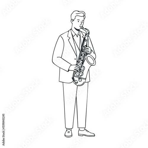 Male musician playing saxophone line art - young caucasian adult in suit. Vector illustration