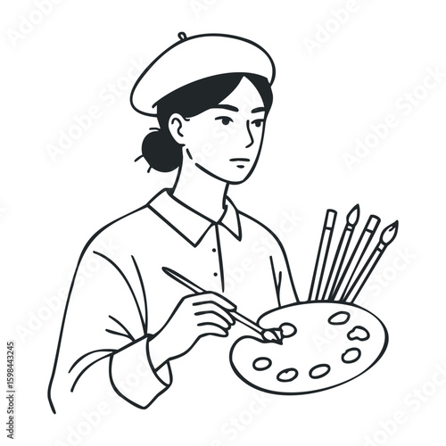 Caucasian female artist with palette and brushes in hand-drawn line art illustration. Vector illustration