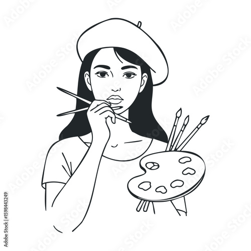 Asian female artist with palette and brushes in classic beret illustration. Vector illustration