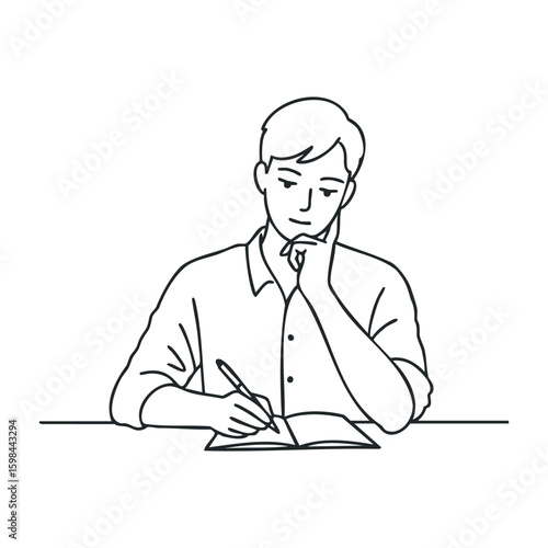 Young caucasian male writing in notebook — contemplative line art. Vector illustration