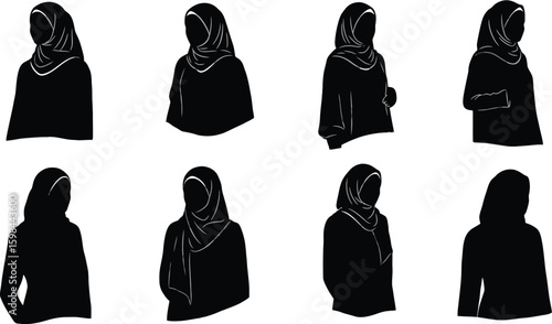 Vector art of silhouettes of women wearing a variety of hijabs isolated on white background