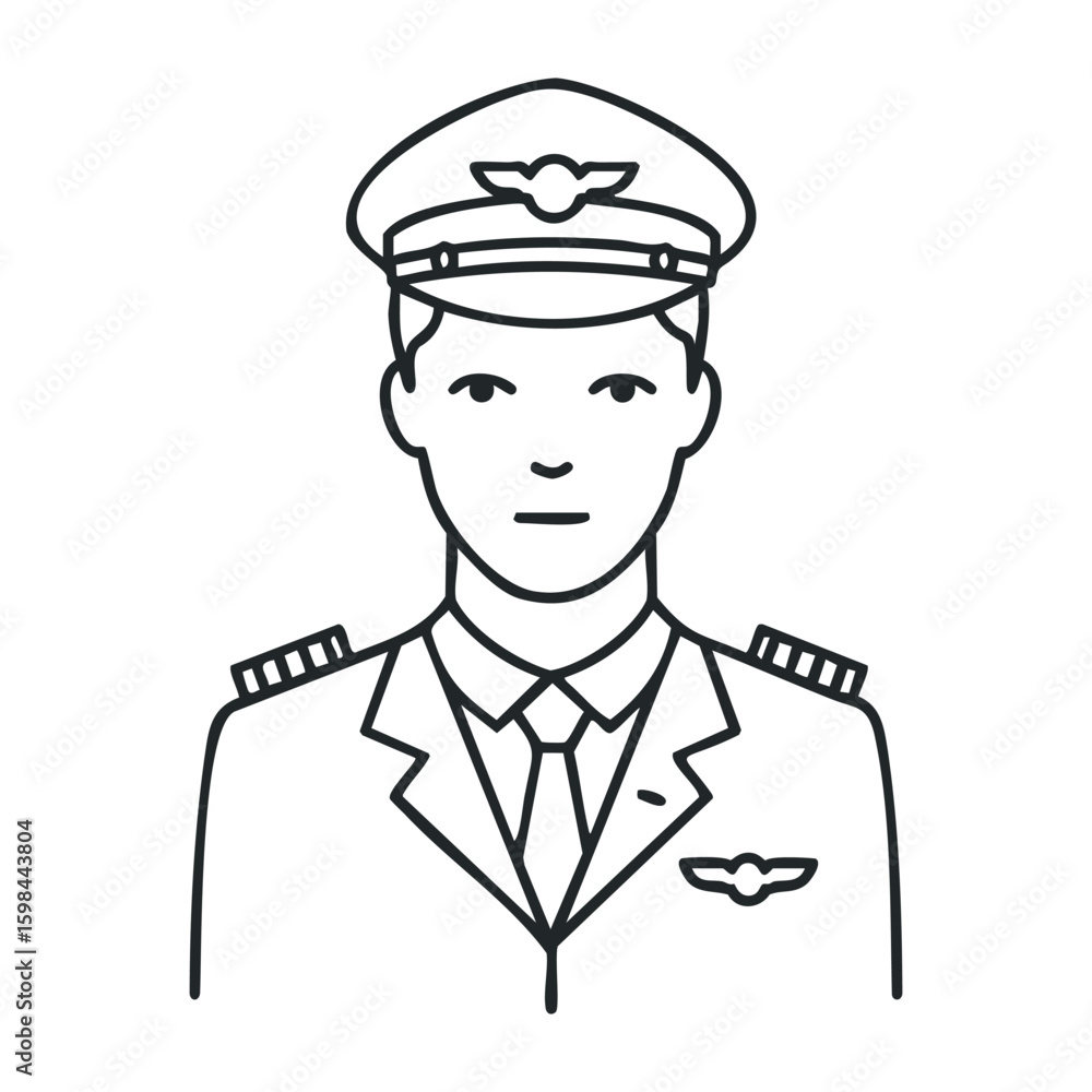 Illustration of male pilot in uniform with pilot cap and aviator badge. Vector illustration Illustration of male pilot in uniform with pilot cap and aviator badge. Vector illustration