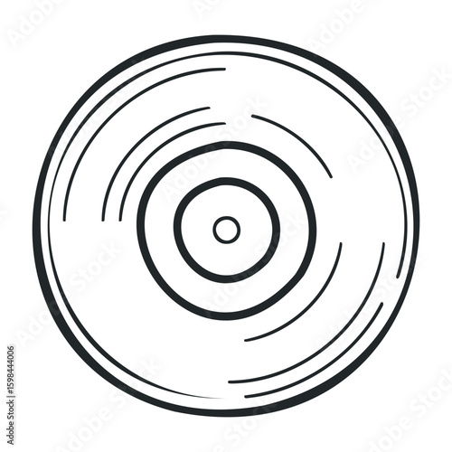 Black and white vinyl record icon with circular grooves and retro style. Vector illustration