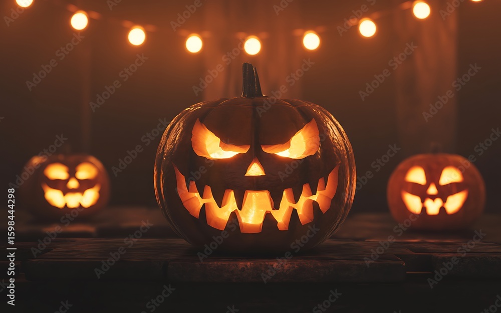 Fototapeta premium Three menacing jackolanterns glow eerily in the dark with string lights overhead