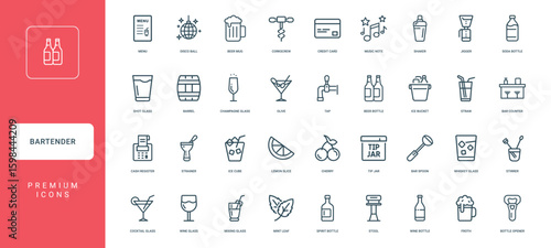 collection bartender-themed line icons tools drinks equipment used bar setting, Tap Straw bucket Ice bottle Beer