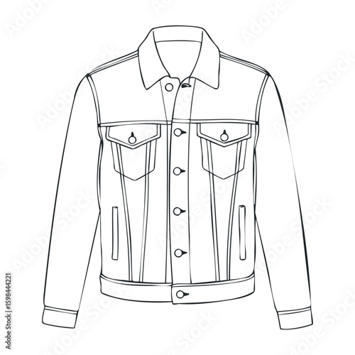 Black and white outline of a classic denim jacket with pockets and buttons. Vector illustration