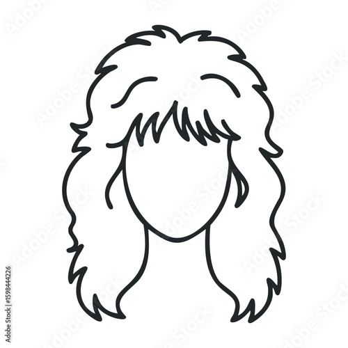 Black and white line drawing of female with voluminous wavy hair. Vector illustration