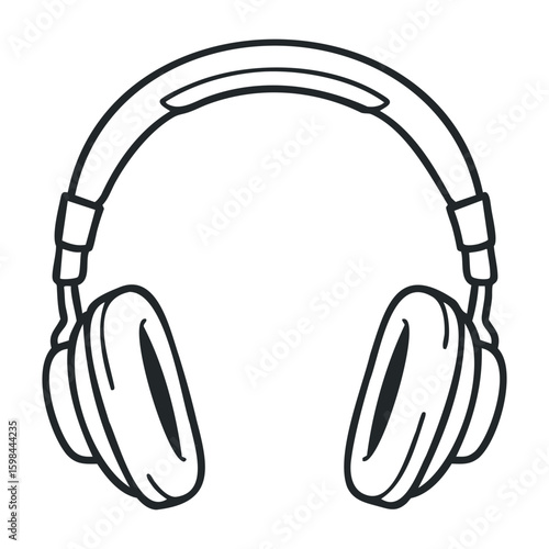 Black and white headphones line drawing illustration of audio accessory. Vector illustration