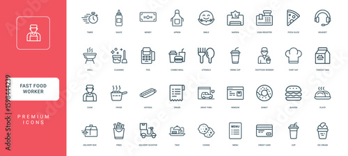collection line icons fast food worker activities items, tray menu drink cookie