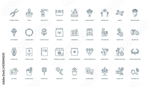 collection florist flower retailer business line icons showcasing tools arrangements services for floral businesses, stand register Cash Greenhouse Flower Fertilizer