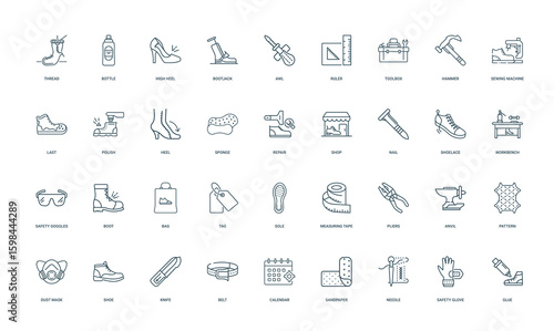 collection shoe repairer line icons tools materials processes shoe repair, shop sponge nail