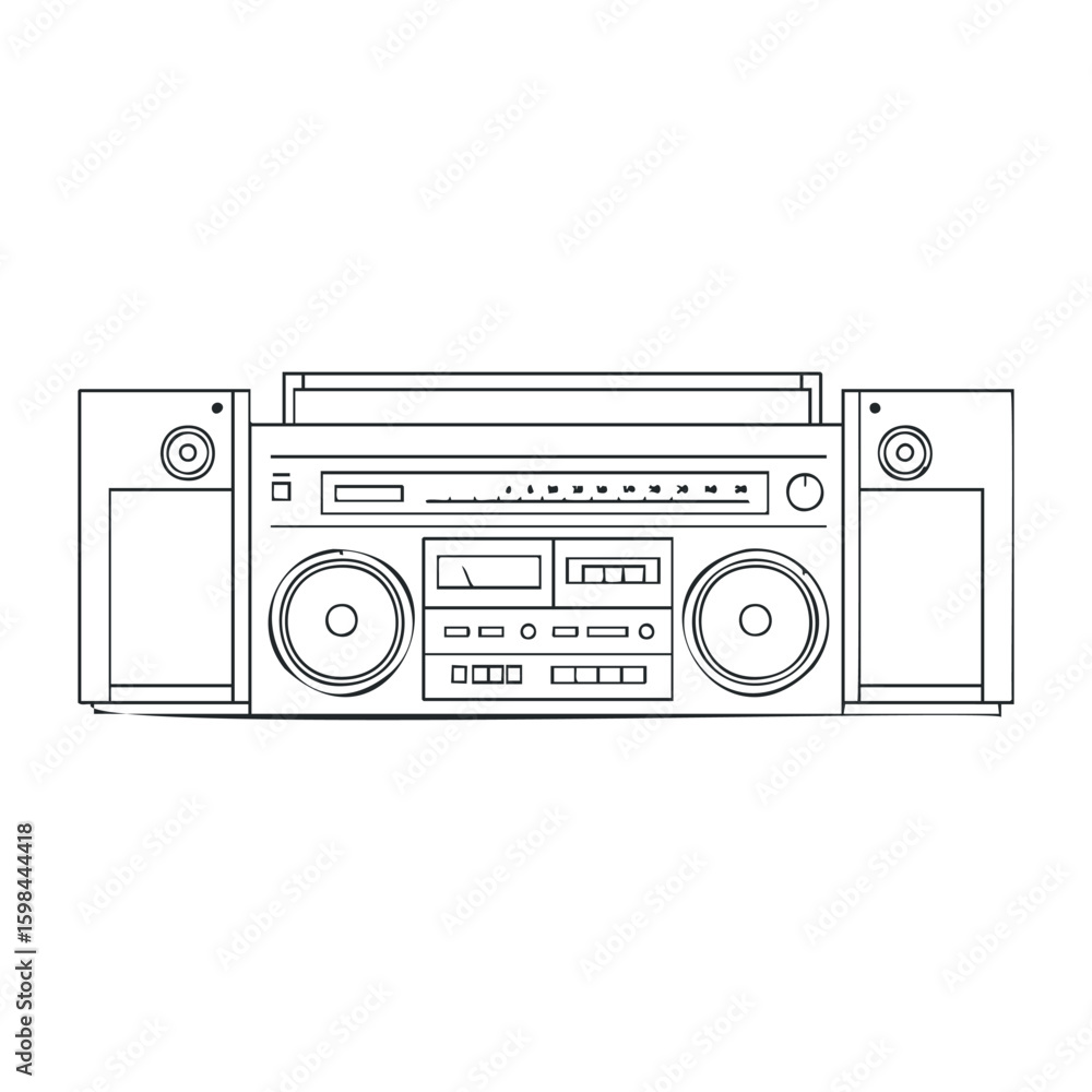 Fototapeta premium Vintage boombox with speakers line art - retro audio system outline design. Vector illustration