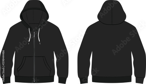 Front and back view of a black zip up hooded sweatshirt