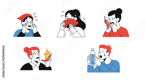 Collection of illustrations showing people experiencing various forms of heat and discomfort